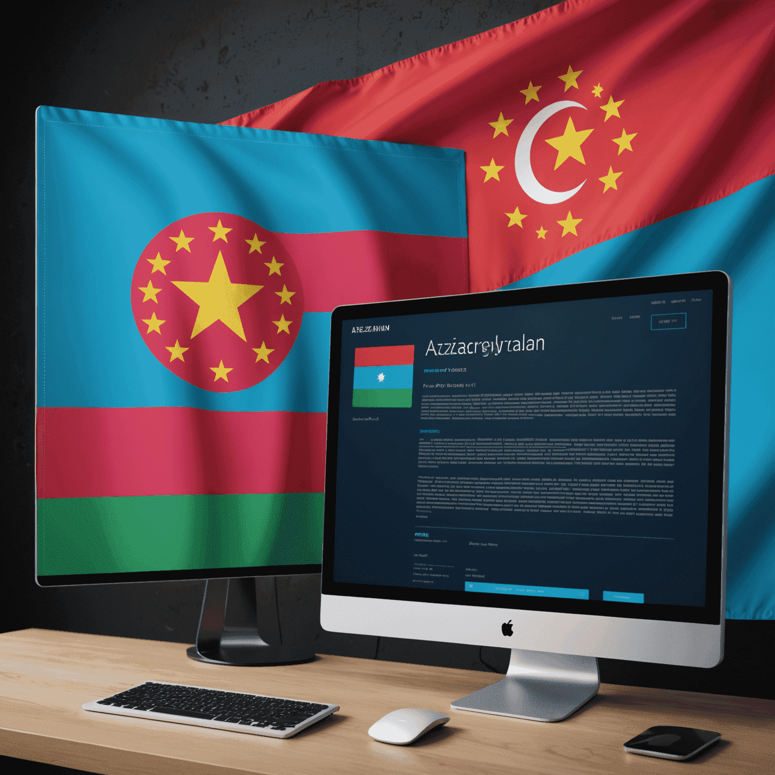 Футуристическое изображение, показывающее интерфейс веб-разработки с кодом HTML, CSS и JavaScript, а также флаг Азербайджана на заднем плане